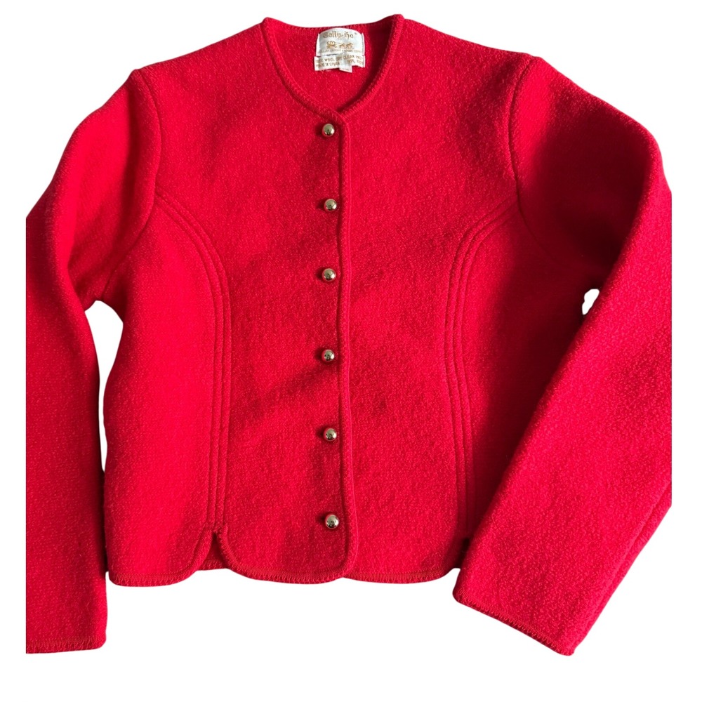 Tally-Ho Vintage Red Boiled Wool Cardigan Scalloped Hem Silver Button Jacket 10